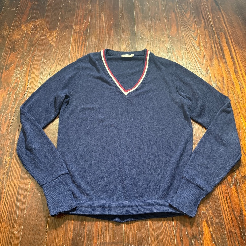 Vintage JC Penney‎ Fox Sweater Mens Large Blue V Neck Grandpa Normcore 70s